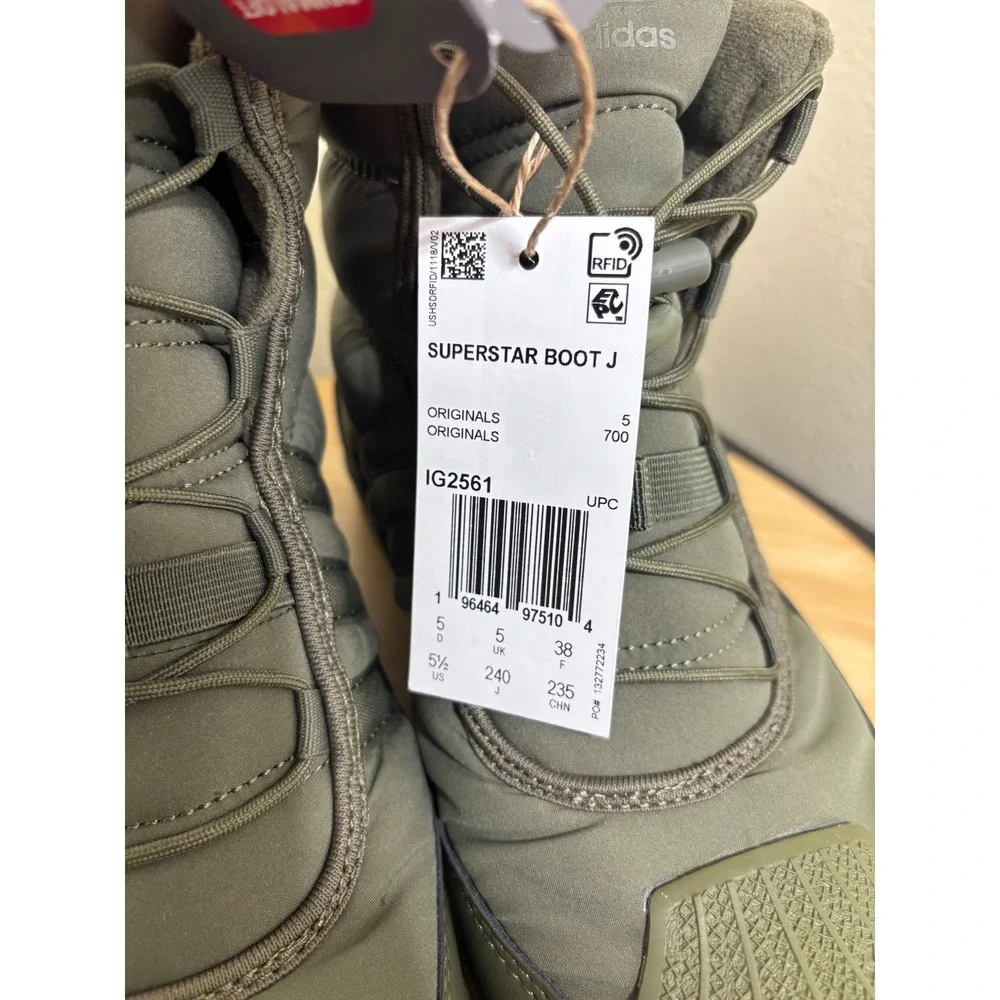 Adidas Kids 5.5 Superstar Boot J Olive Strata Green PrimaLoft Insulated IG2561